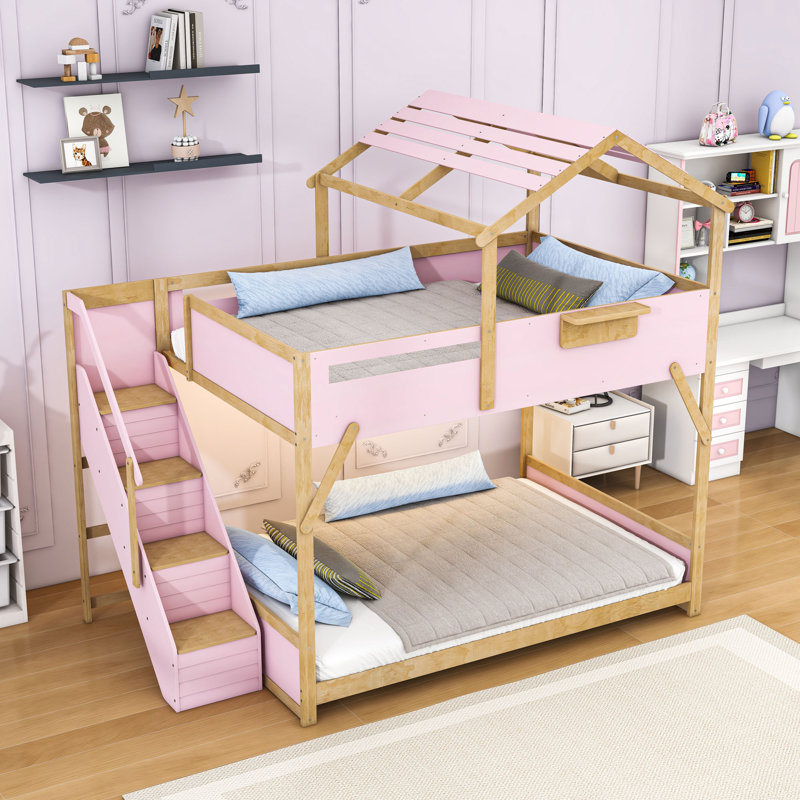 Lit superposé en bois avec design de maison, escalier, lumières DEL et tablette latérale, Double sur double, Rose