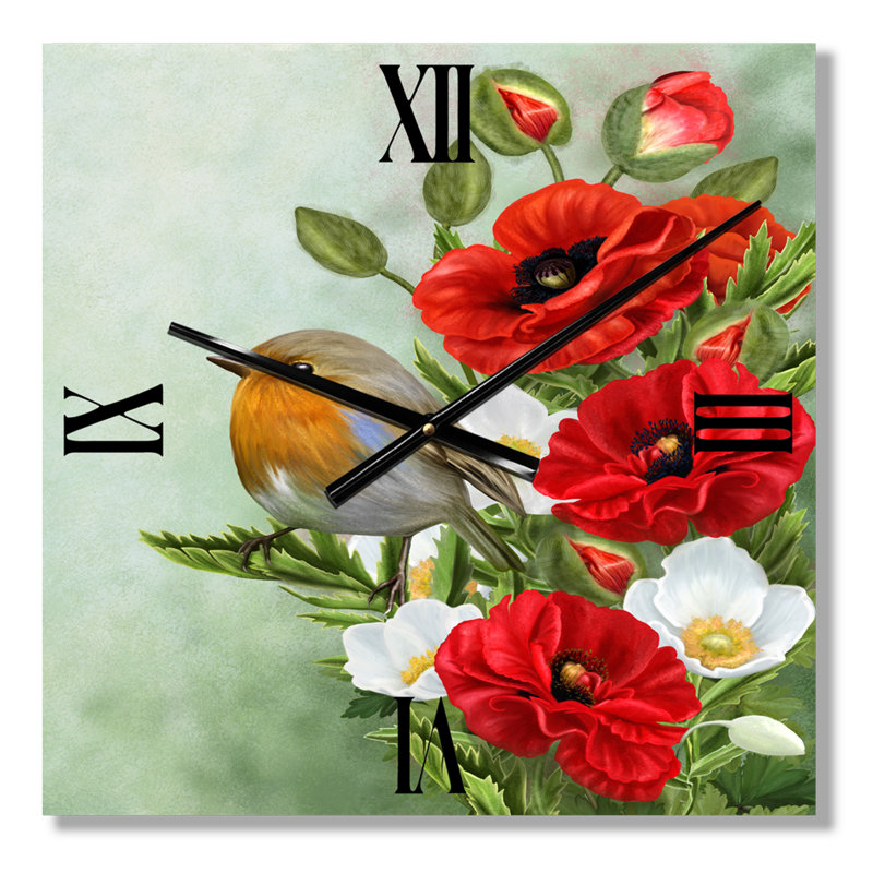 Horloge murale oiseau avec coquelicots et anémones, Grand