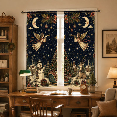 2Pcs Vintage Christmas Scene Curtains, Retro Angel Snowman Reindeer Print Light Filtering Curtain For living room bedroom Kitchen Rod Pocket Window Drapes