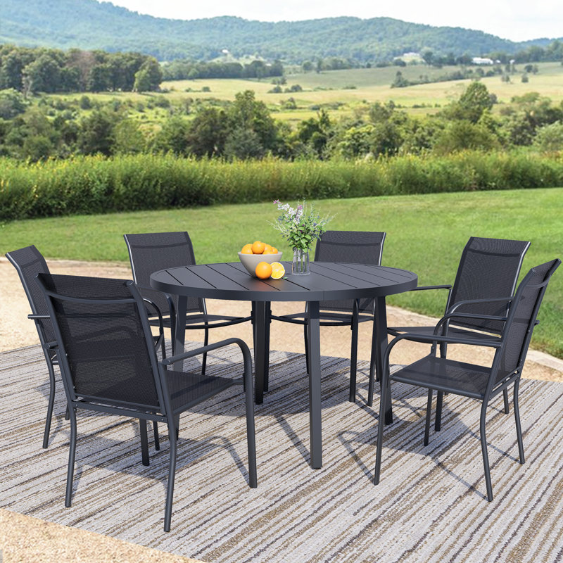 7-Piece Outdoor Dining Set, Round Metal Table With 6 Black Chairs, Black Patio Table With Umbrella Hole For Garden, Yard, Patio