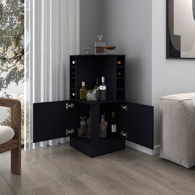 Toyei Corner Bar Cabinet with Bottle Rack, Open Shelves, and Hidden Storage, Black