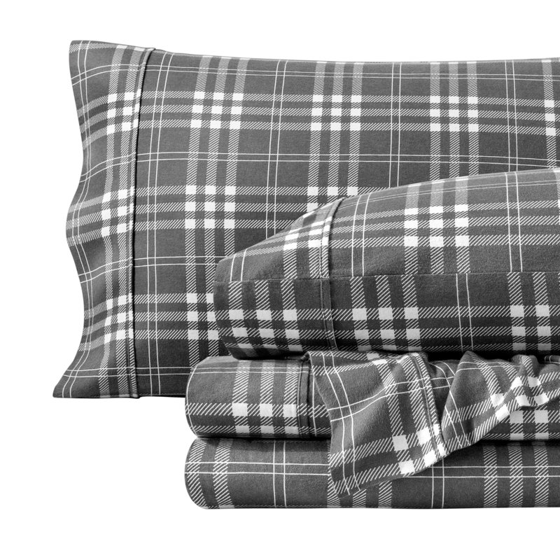 Ensemble de literie en flanelle 100 % coton, Tissu écossais Stirling gris et blanc