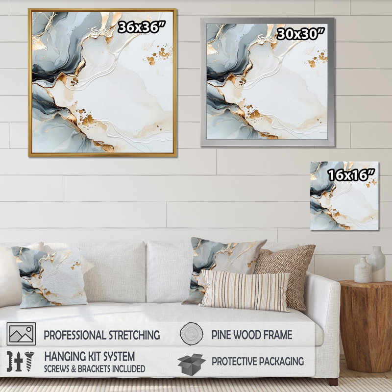 «Ephemeral Moments Of Marble Ink II», art mural abstrait en marbre, H 36 po x l 36 po, Argent argent