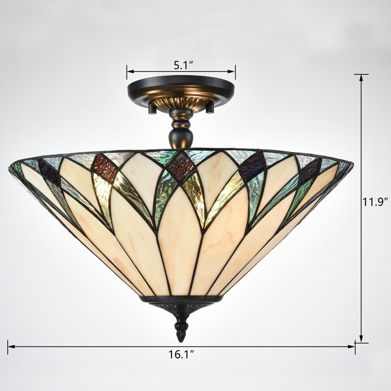 Stained Glass Semi Flush Ceiling Light, Green