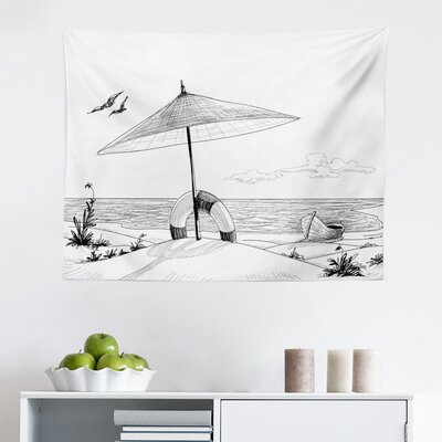 Beach Tapestry, Doodle Style Sketch Pattern Monochrome Illustration Ocean And Boat Pencil Drawing, Fabric Wall Hanging Decor For Bedroom Living Room D -  East Urban Home, 383FEC9F7AF1452CBC59FF7FFD813FF1