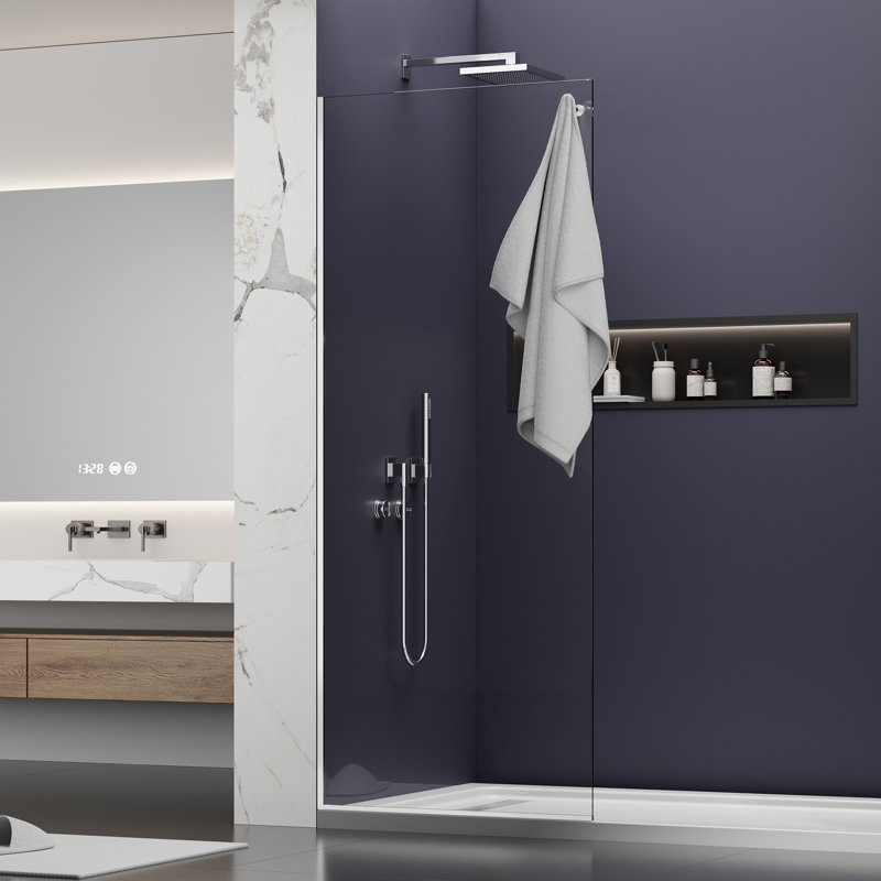 Panneau de douche fixe en verre l 32 po x H 76 po, verre trempé transparent épais de 3/8 po (10 mm) avec revêtement Nano double face facile à nettoyer, pare-douche de salle de bain sans cadre, demi-paroi de panneau de verre de douche