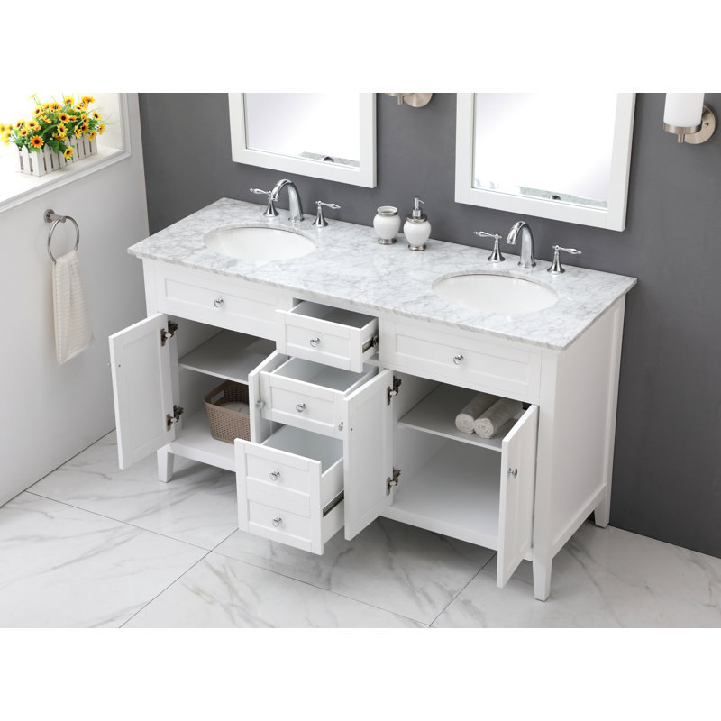 Ensemble de meuble-lavabo double 60 po Ain, Blanc, Blanc de Carrare
