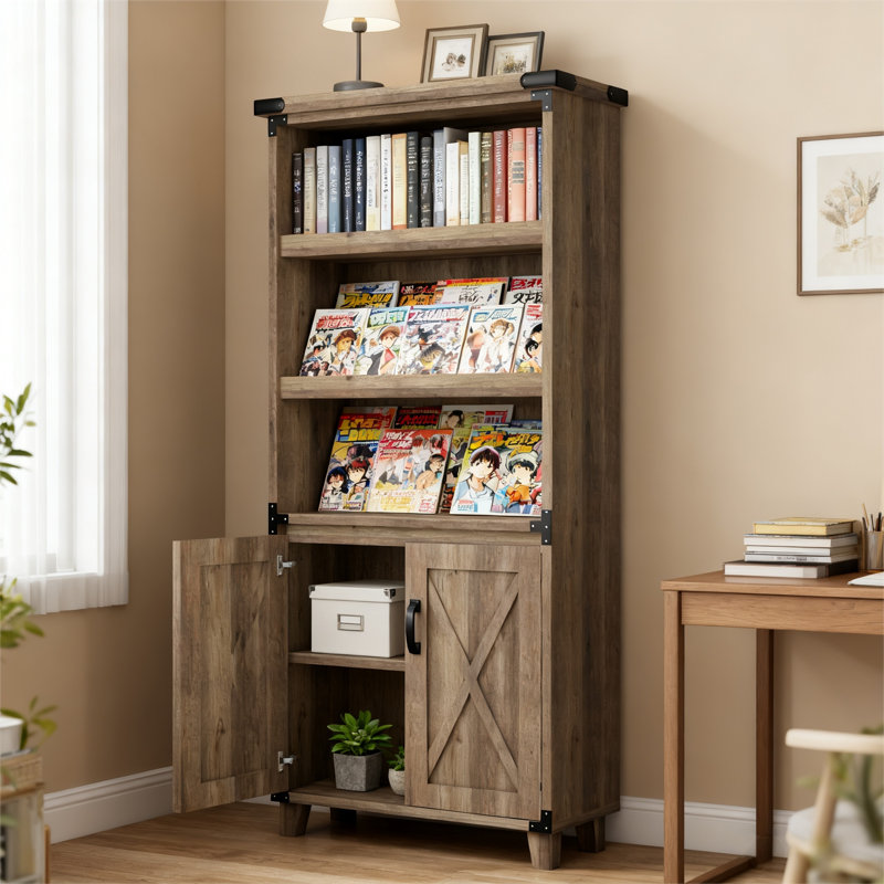 Bibliothèque rustique en chêne à 5 tablettes avec armoire à 2 portes