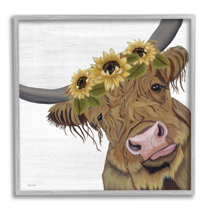 Adorable couronne de tournesol de bovins Highland - peinture, H 24 po x l 24 po x P 1,5 po, Estampe numérique Farmhouse