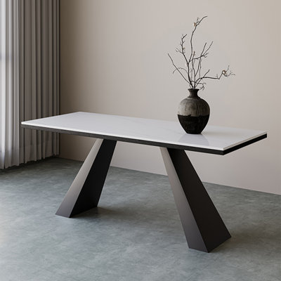 White+Black Rectangular Stone+Iron Butterfly Leaf Dining Table