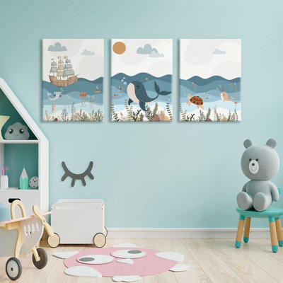 Encadré bleu océan pépinière nautique toile art mural tortue de mer baleine, ensemble de 3 reproductions d'enfants pour enfants