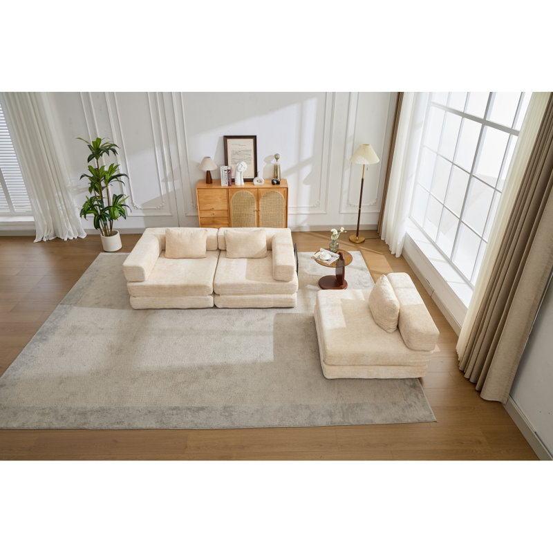 Canapé à compression, canapé-lit convertible au sol avec structure de forme fixe, canapé modulaire désossé, aucun assemblage requis, tissu chenille, pour la chambre à coucher du salon, beige