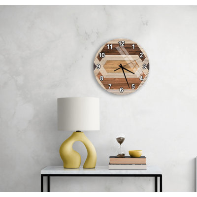 Horloge murale à motif géométrique en bois - impression d'illusion 3D brun rustique - décor de ferme moderne pour le salon, cadeau d'art de bureau abstrait
