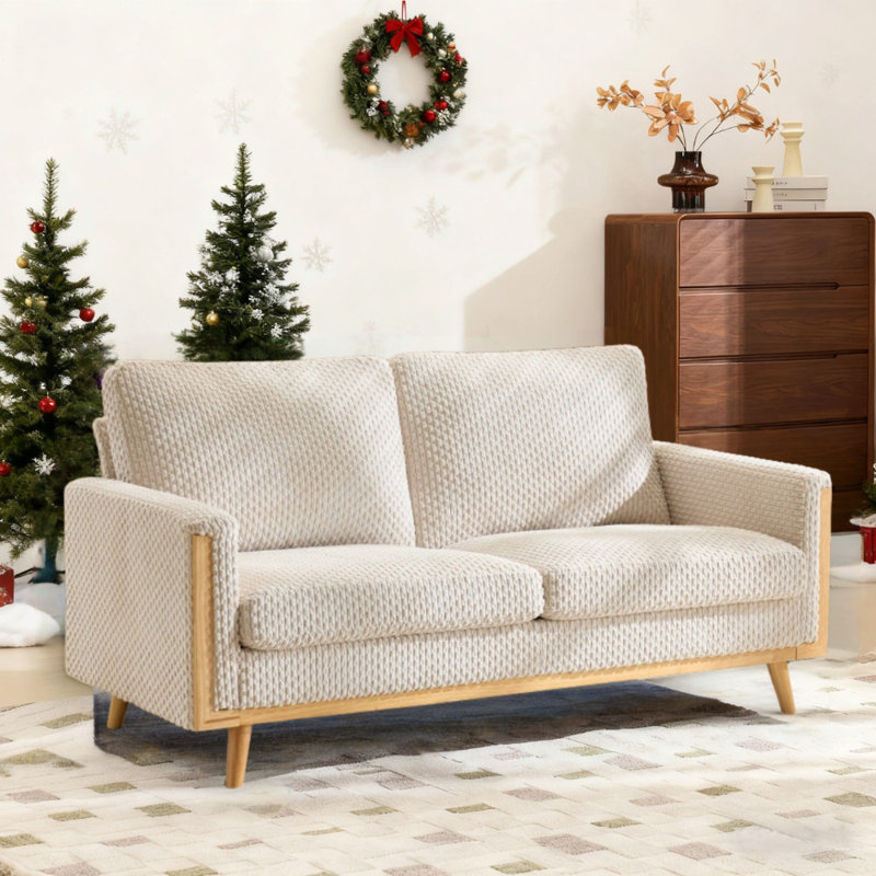 Modern Farmhouse Velvet Upholstery Loveseat With Frame Compact 2-Seater Couch For Small Space, Beige