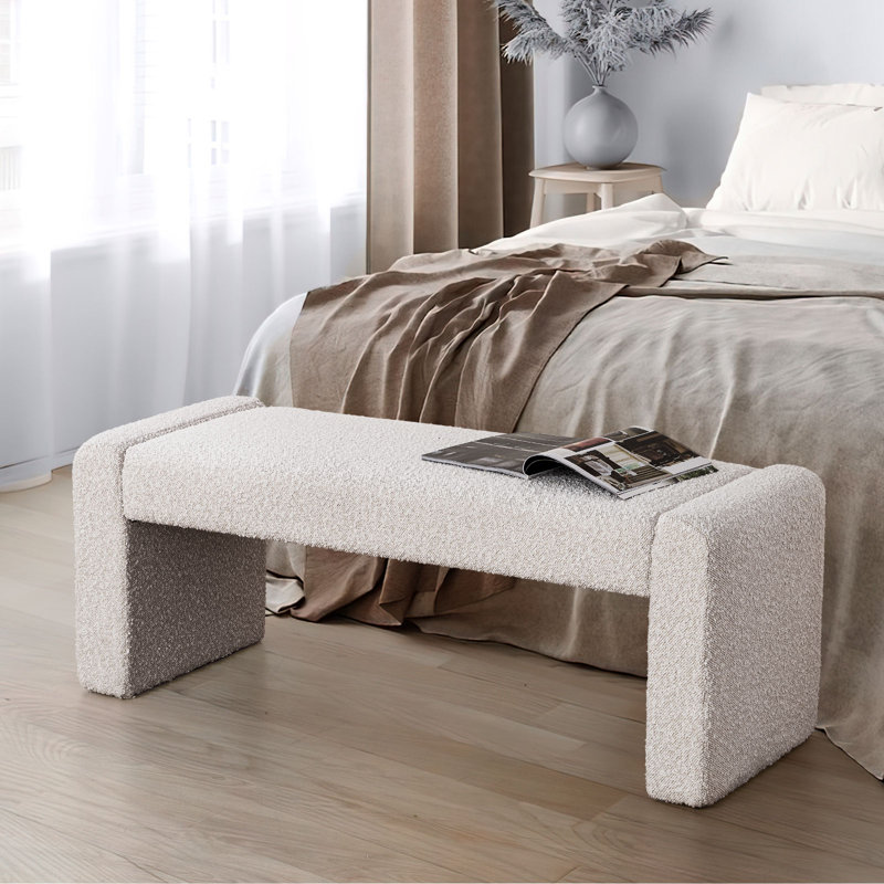 47" Boucle Upholstered Bench, White