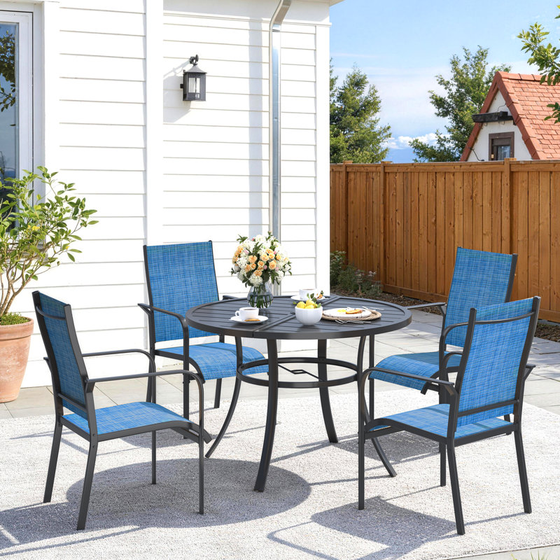 5 Piece Patio Dining Set, Outdoor Dining Table And Chairs Set For 4, 4 PVC-coated polyester Chairs, 1 Iron Round Table With Adjustable Umbrella Hole, Patio Furniture Set For Deck, Backyard, Lawn, Poolside