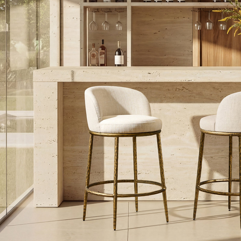 Gelder 26.5" Modern Glam Upholstered Bar Stool with Hammered Metal Legs & Curved Low Back for Kitchen Island, Gold Hammered