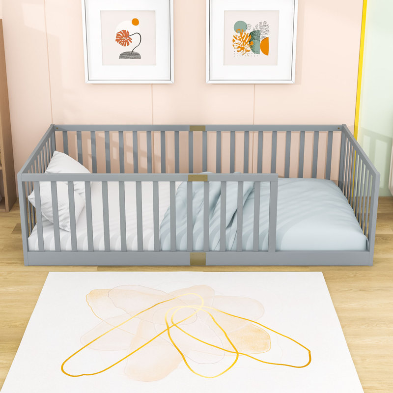 Lit simple en bois avec garde-corps, Grey