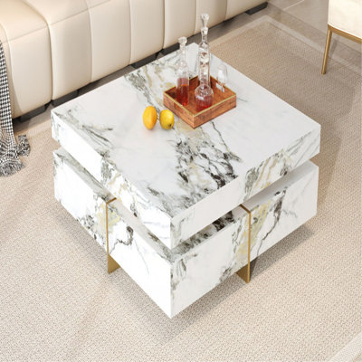 Table basse moderne carrée texturée en marbre avec 4 tiroirs et base suspendue, blanc, 43,3 po