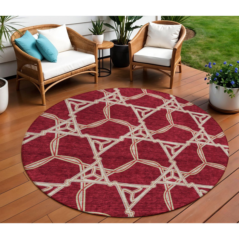 Tapis d'intérieur rond lavable géométrique bourgogne et doré 8 pi Fabre