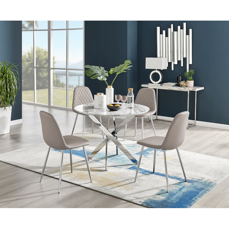 4 - Person Dining Set, Cappuccino/Silver, Grey Marble