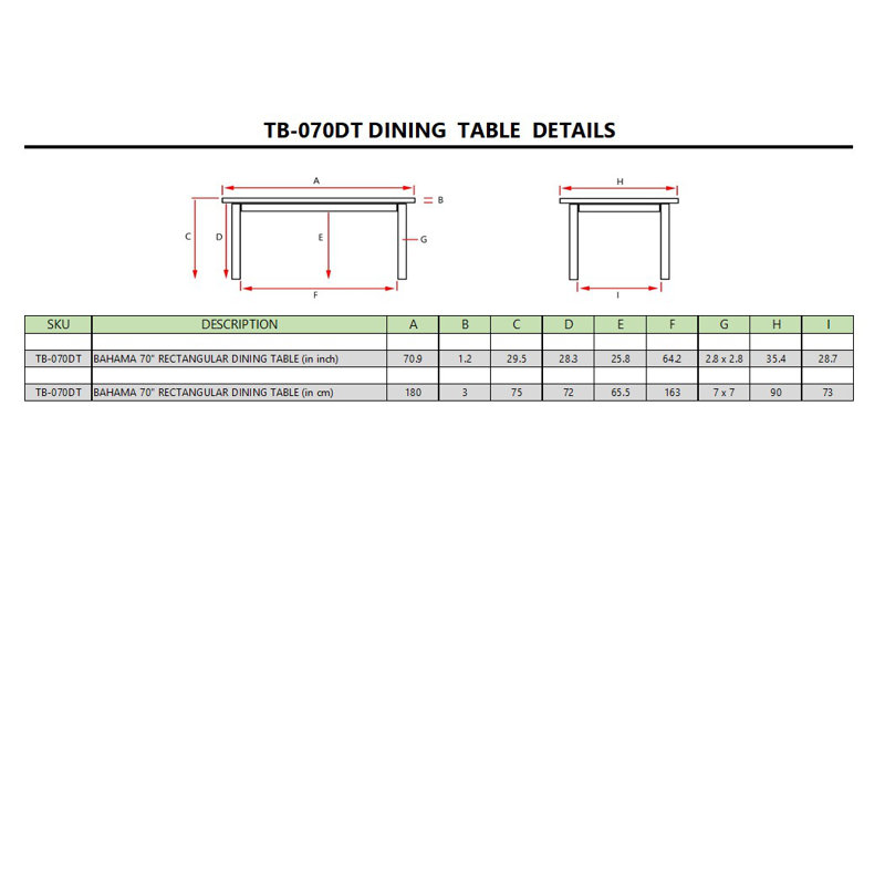 BAHAMA 70" RECTANGULAR DINING TABLE