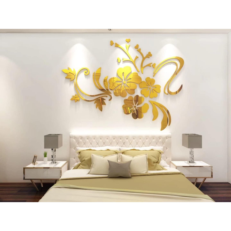 Autocollants muraux, motif de fleurs 3D, Or