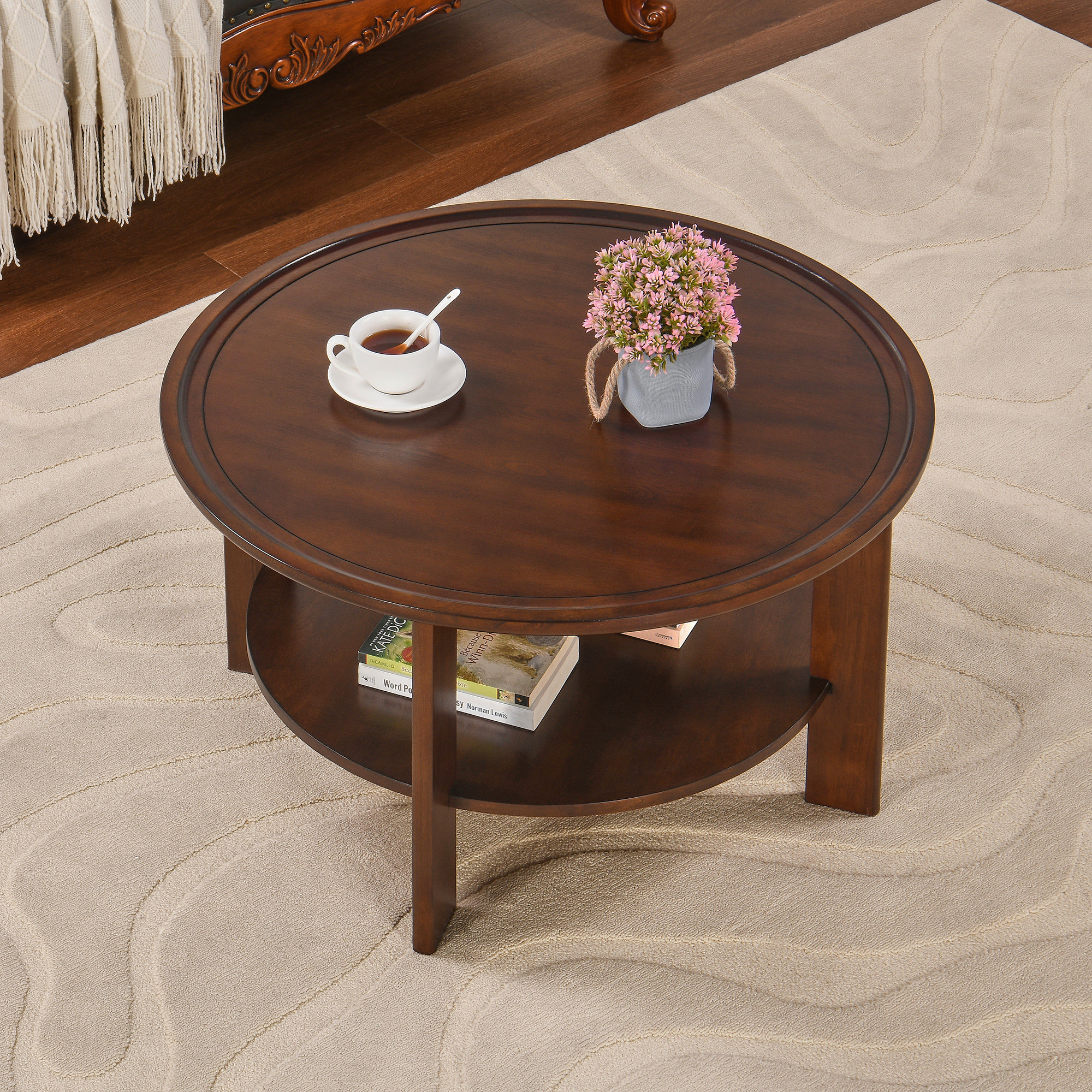 Set Of 2 Round Brown Hidden Storage Coffee Table Side End Table With Removable Topside