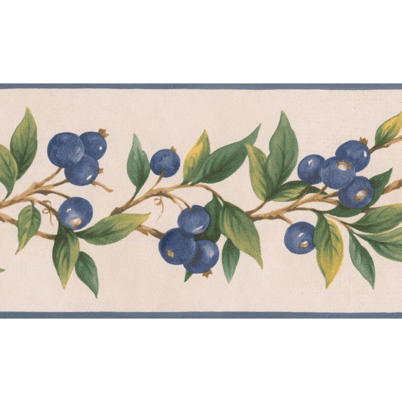 Bordure de papier peint à motif de baies sur vigne L 15 pi x l 5 po Retro Design, Bleu