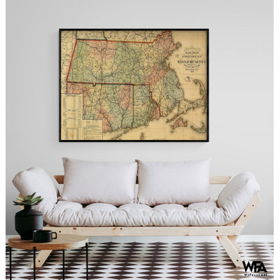 Chemin de fer et carte de banlieue noire du Massachusetts 1879, impression de carte du Massachusetts, carte de l'État du Massachusetts, décor de salle de bain rustique, art d'entrée de bureau mural