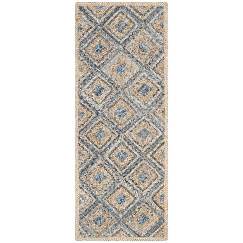 Arria Hand Woven Jute/Denim Geometric Rug in Natural/Blue, Runner 2'3" x 6'