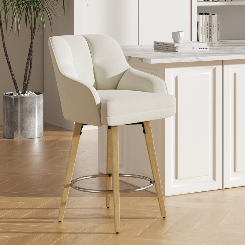 Modern Swivel Bar Stool With Backrest, Armrests And Wood Legs - Counter Height Chair For Kitchen Island, Beige