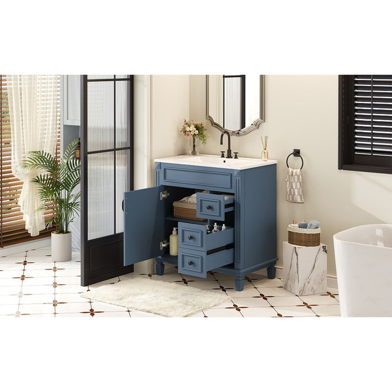 Meuble-lavabo de 30 po avec lavabo en céramique, petite armoire de salle de bain, armoire moderne avec 2 tiroirs et tablette réglable