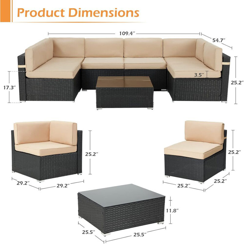 Emilienne PE Wicker 6-Person Patio Conversation Set, Black, Beige