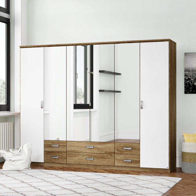 Gandra 6 Hinged Door Wardrobe 271 cm Alpinwhite/Oak 6 Drawer, Mirror INCL. Delivery and Assembly