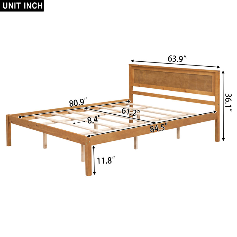 Base de lit plateforme avec tête de lit, support à lattes de bois, aucun sommier requis, Grand lit, Chêne