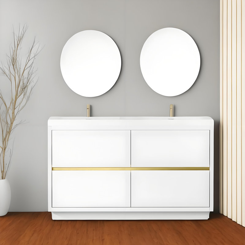 Meuble-lavabo sur pied 60 po avec double lavabo, meuble-lavabo avec comptoir en résine de pierre, blanc brillant