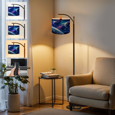  Arc Floor Lamp Galactic Nebula Cosmic Planets Bright Stars Vibrant Purple Blue Tall Modern Standing Lamp LED Adjustable Linen Lampshade 3 Color Temperatures