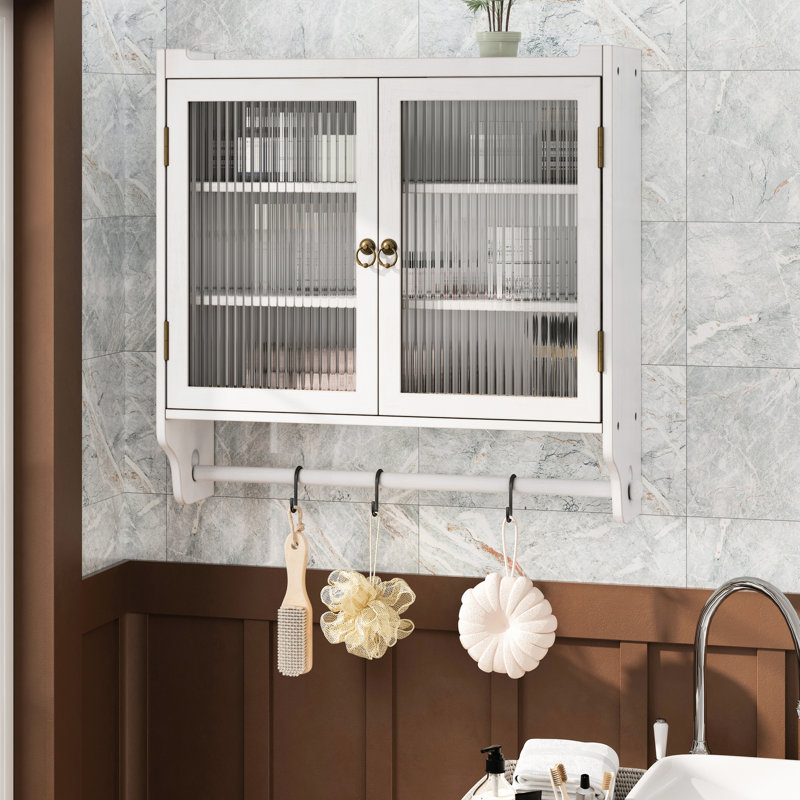 Armoire de rangement de cuisine rétro 24,8 po à trois portes en verre, trois porte-serviettes, blanc délavé pour la salle de bain, salle à manger avec 3 rangements, support de cuisine, espace