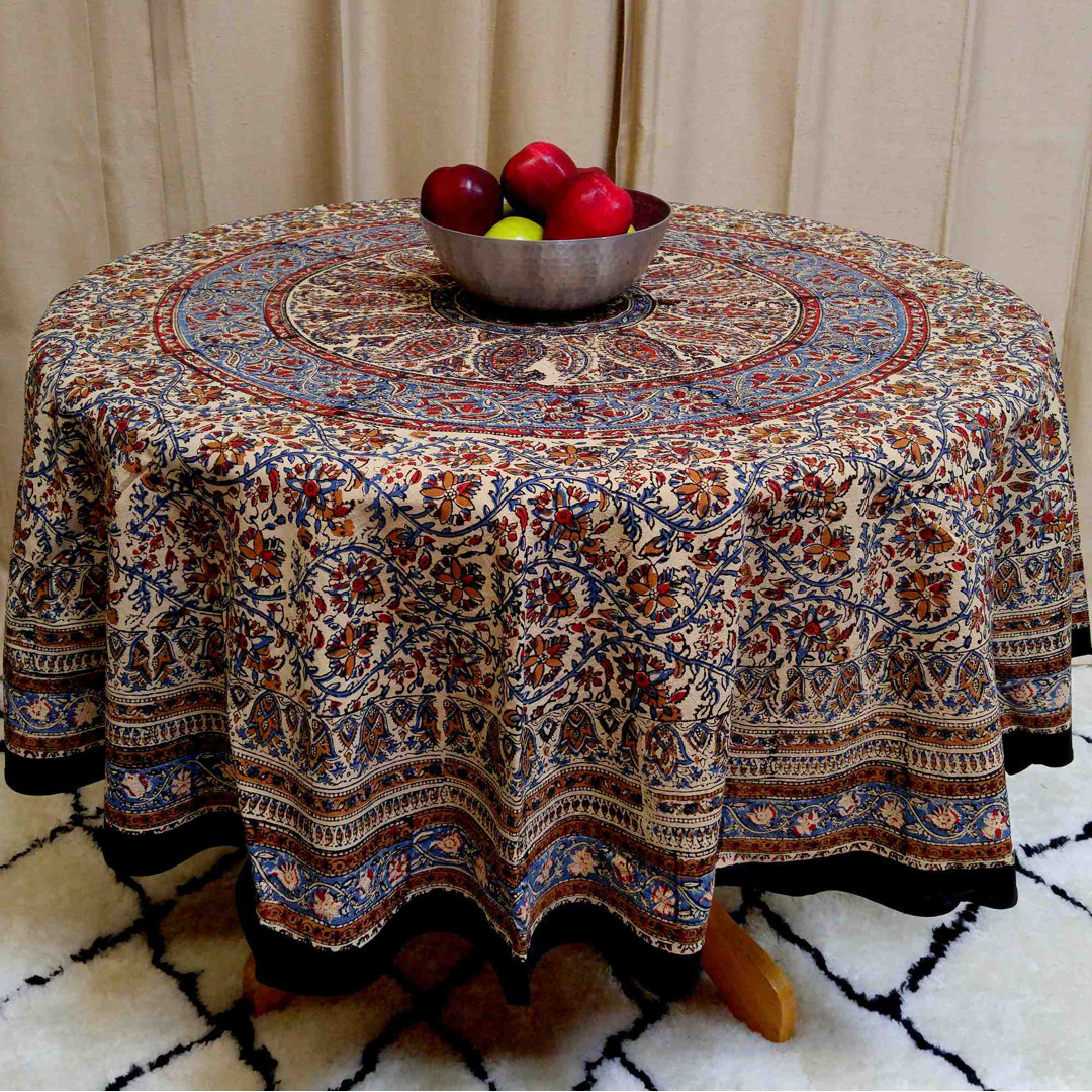Block Print Cotton Paisley Floral Tablecloth Round Bungalow Rose