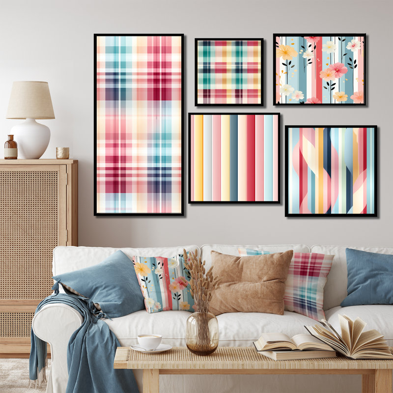 Motif de carreaux rétro bleu et rose - ensemble de 5 impressions sur toile écossaise, Cadre flottant noir