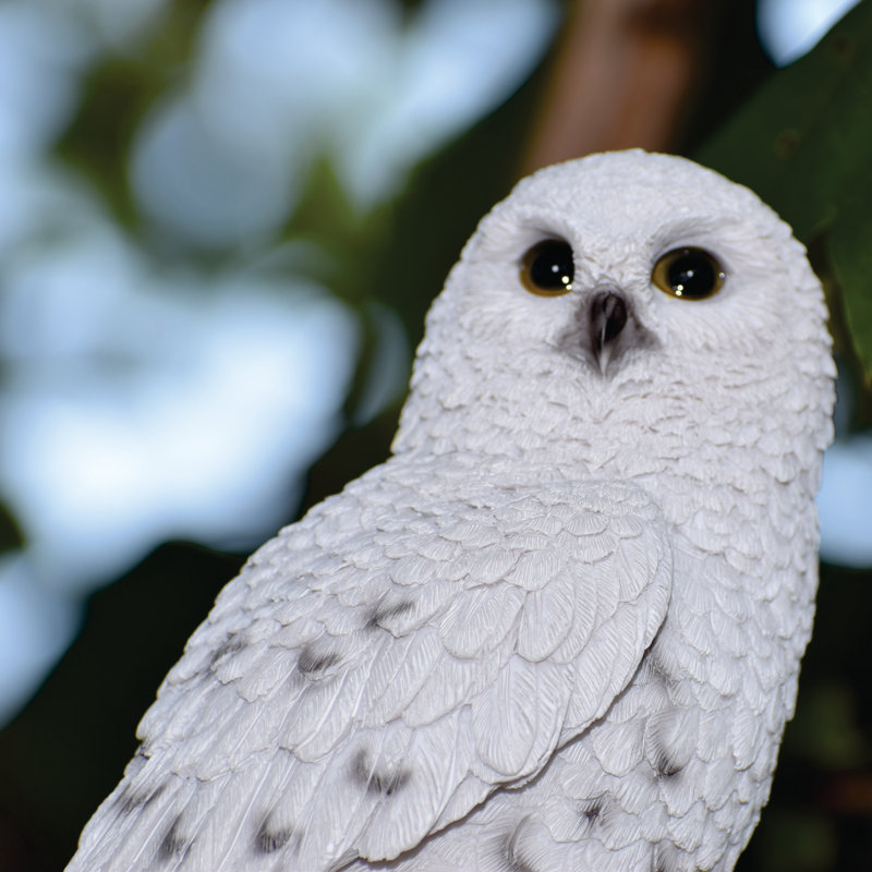 White Polyresin Snowy Owl on Brown Stump Garden Statue