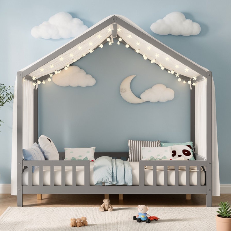 Wood Canopy Bed Floor House Bed With Fence, Full, Gray