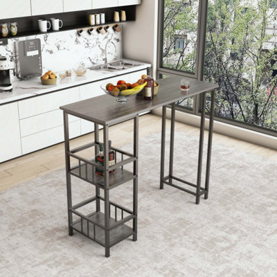 Ensemble de table de bar 3 pièces à hauteur de comptoir avec 2 tabourets de bar sans dossier, table de pub rectangulaire haute avec 3 tablettes de rangement latérales, mobilier de bar à grain de bois industriel pour balcon