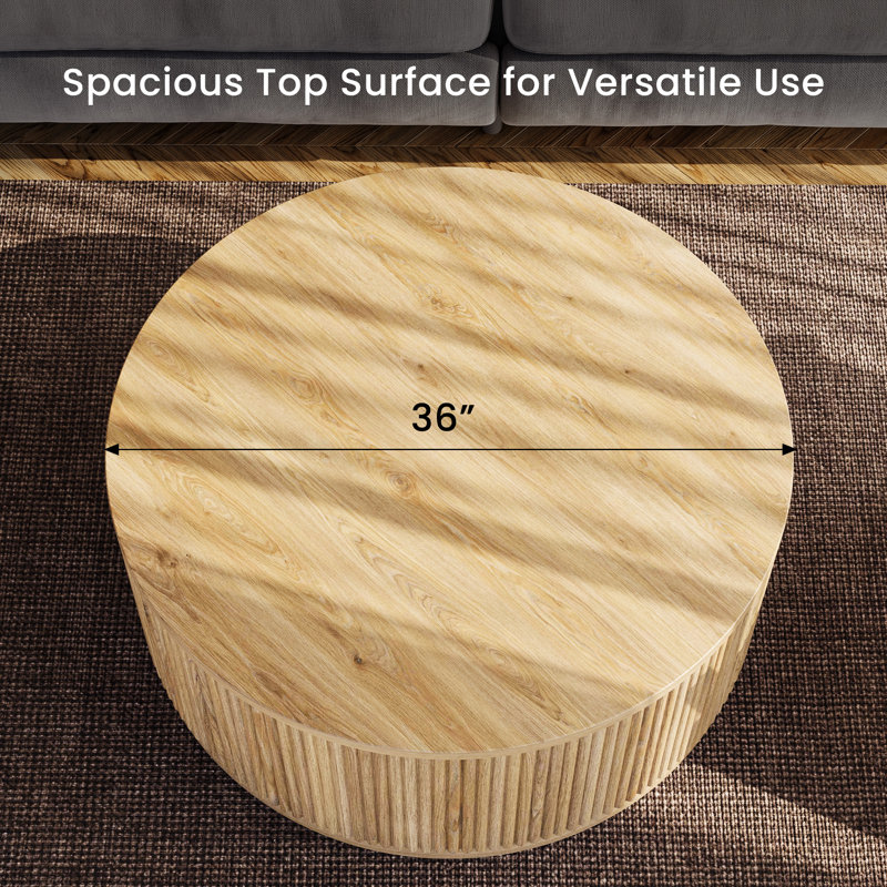 36.5"W Round Solid Wood Spacious Coffee Table Drum Table with Fluted Design, Beige
