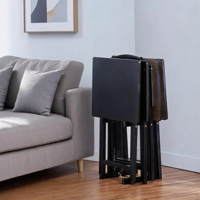 Portable Foldable TV Tray Table With Storage Rack, Space-Saving Black Minimalist Design, 4-Piece Set