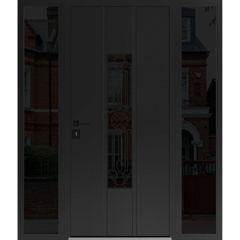 Porte d'entrée extérieure prémontée en acier Ronex 1477, émail noir, 2 fenêtres latérales extérieures, imposte/inserts en acier inoxydable, style moderne, peinte, largeur 16+36+16 x hauteur 80, ouverture à droite vers l'intérieur