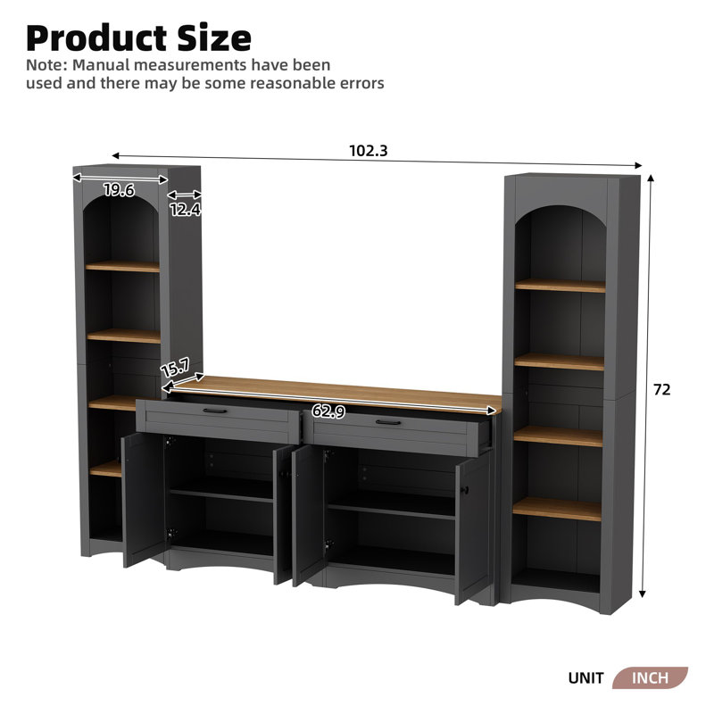 3-Piece Mid-Century Storage Cabinet Set With Bookshelf And Adjustable Shelves, Grey