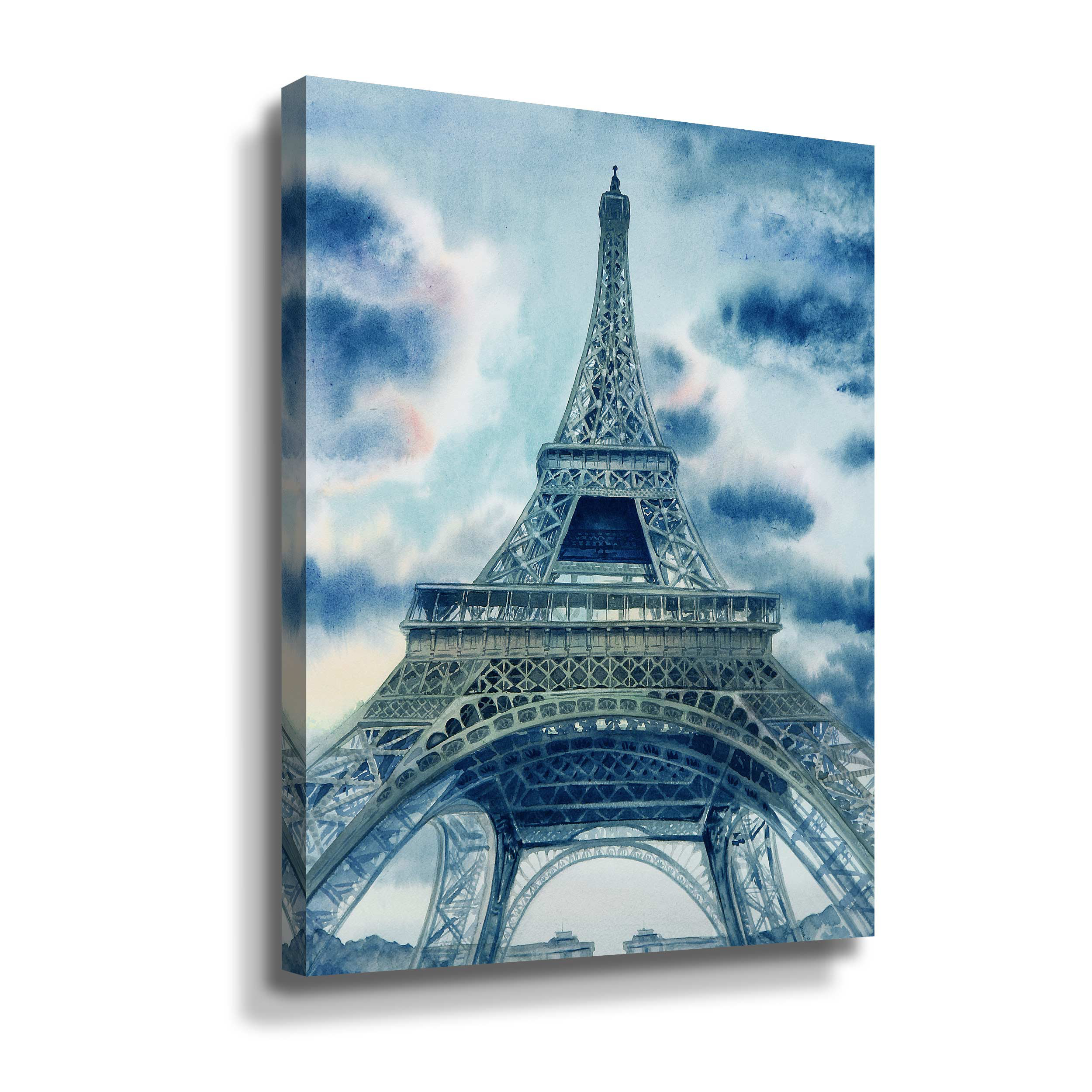 Latitude Run® Teal Blue Tones Watercolor Paris Eiffel Tower On Canvas
