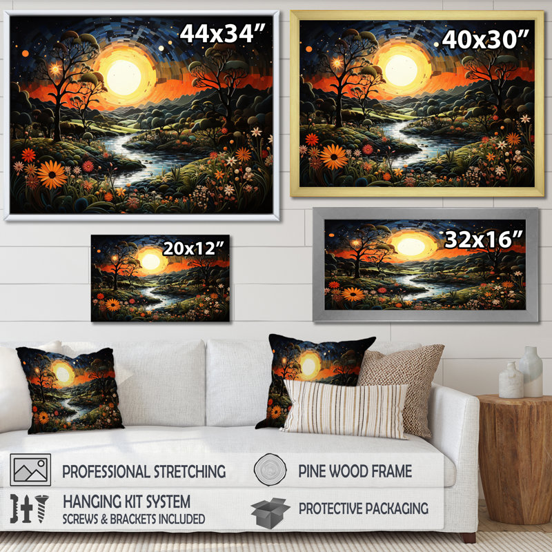 «Mystic River Sunset Pastoral II», reproduction sur toile, H 12 po x l 20 po x P 1 po, Cadre doré à une seule photo